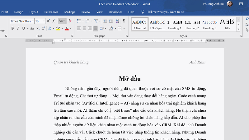 &Yacute; nghĩa việc kh&oacute;a Header, Footer trong file văn bản
